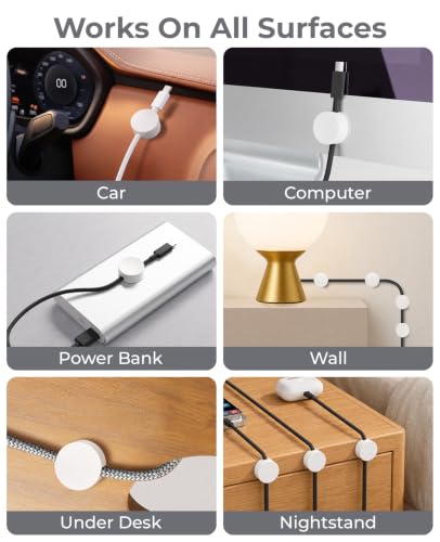Maveek Magnetic Cable Clips White, Cord Organizer Magnet Silicone Cord Management Charging Cable Holder for Metal Desk, File Cabinet, Home and Office, with Extra Adhesive Plates (5 Piece, Large Size) | Fits Larger Cables Up To 0.3" Thick: PC, Computer, Et