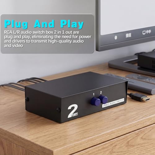 Duttek 2 Port RCA AV Switch Box, 2 in 1 Out Composite Video Audio Selector, RCA Switcher for DVD, Game Console, STB to TV