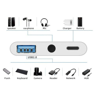 Type C USB-C to 3.5mm Audio AUX & Type-A USB2.0 OTG Female with PD Power Charge Adapter Compatible with Laptop Tablet Phone - style: USB3.0+Audio 3-in-1