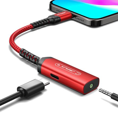 JSAUX USB C to 3.5mm Headphone Charger Adapter, 2-in-1 PD 60W AUX Jack-Red | USB C to 3.5mm Headphone and Charger Adapter, 2-in-1 AUX Mic Jack, PD 60W Fast Charging, for iPhone 15 Pro Max Galaxy S24 PC - color: Red