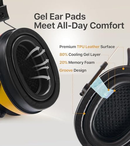 AM FM Radio Hearing Protection Earmuff, Bluetooth 5.4, 30SNR | Rechargeable Hearing Protectors with Gel Earpads, Headphones for Lawn Mowing, Construction, Chainsaw, Landscaping - color: Am/Fm+ Bluetooth-yellow