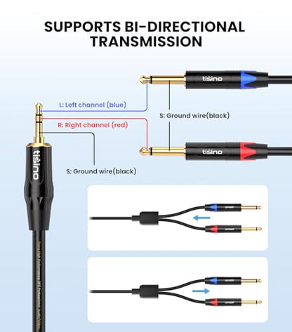 Tisino 1/8" to 1/4" Stereo Cable, Dual 1/4" to 3.5mm Audio Cable, 3.3FT/1m | 1/8" TRS Stereo to Dual 1/4" TS Mono Audio Y-Splitter Cable for Phone, Mixer, Speaker, Amp, Gold-Plated 20 AWG OFC - size: 3.3 feet