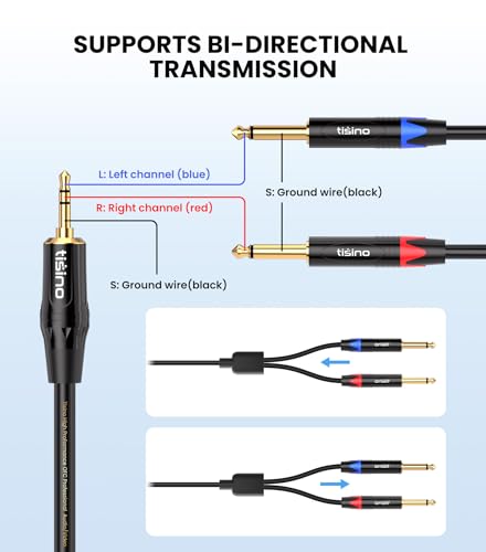 Tisino 1/8" to 1/4" Stereo Cable, Dual 1/4" to 3.5mm Audio Cable, 6.6FT/2m | 1/4" to 1/8" Audio Adapter Cable for Smartphone, CD Player, Mixer, Speakers, Amplifiers, Gold-Plated 20AWG OFC - size: 6.6 feet