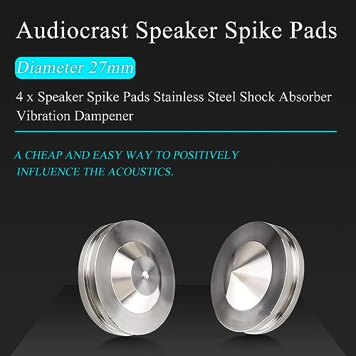 Audiocrast 4X HiFi Speaker Spikes, Isolation Stand Feet Pad, Stainless Steel Shock Absorber Vibration Dampener with Non-Slip Mats for Audio Speaker Subwoofer CD DVD Amplifier Turntable DAC - size: 27MM x 11MM x 9MM
