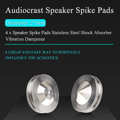 Audiocrast 4X HiFi Speaker Spikes, Isolation Stand Feet Pad, Stainless Steel Shock Absorber Vibration Dampener with Non-Slip Mats for Audio Speaker Subwoofer CD DVD Amplifier Turntable DAC - size: 27MM x 11MM x 9MM