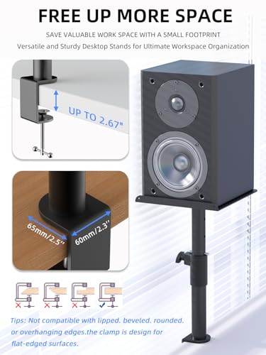 suptek Clamp-on Speaker Stand Desk Mount Set, Height Adjustment, ±12° Tilt, Swivel, 9.6 x 8.8 inch Trays, Universal Audio Holders for Bookshelf Speakers, Elevated Sound, 2 Pack, Black, SDM001GTB - size: Tilt Speaker Stands