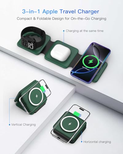 Iseyyox 3 in 1 Wireless Charger for iPhone - Foldable Charging Station Travel Charging Dock Compatible with iPhone 17 16 15 14 13 12 Pro Max Plus Watch & Airpods - color: Green