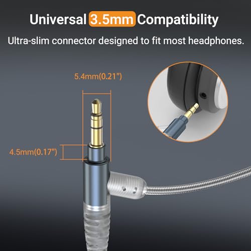3.5mm Headphone Cable with Boom Mic, Mute Switch, Volume Control, Silver-Plated AUX Replacement Cord for Voice Chat, Calls, Game Consoles, WH1000-XM6/5/4, Studio Pro, Solo, More, 4 FT