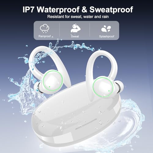 Wireless Earbuds, Bluetooth 5.4 Headphones Sport Over Ear Buds With ENC Mic | ENC Noise Cancelling Mic, 48H, Wireless Earphone With Earhooks, Stereo Deep Bass, IP7 Waterproof Headset for Workout, White - color: White