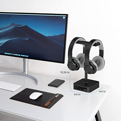 KAFRI Dual Headphone Stand with USB Charger Desk Gaming Double Headset Holder Hanger Rack with 2 USB Charging Port and 2 Outlet - Suitable for Gamer Desktop Table Game Earphone Accessories Gift - color: Black pro