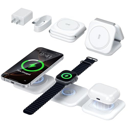 15W Magnetic Travel Charging Station, 3-in-1 Foldable MagSafe Charger | Wireless Charger for Apple Multiple Devices - iPhone Air 17 16 15 14 13 12 Pro Max, Watch & AirPods - Grayish White - color: Grayish white