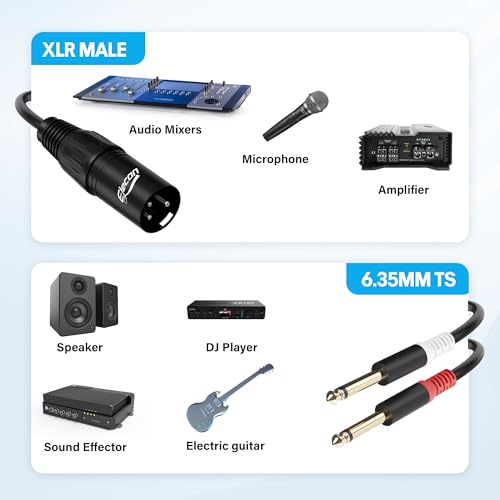 Elecan 3-Pin XLR Male to Dual 6.35mm 1/4'' TS Male Y Splitter Converter Cable 8 Ft, Double Mono to XLR Microphone Cable Stereo Audio Interconnect Adapter Cord for Mixer AMP Speaker+5 Ties - size: 8FT, style: Male XLR to 2TS