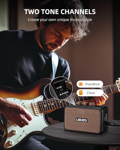 LEKATO Mini Guitar Amplifier, Dual Speakers 5W, Rechargeable Electric Guitar Amp Bluetooth with Clean Overdrive, 6H Working, Headphone Jack, Portable Small Amp for Practice AG-04 (Brown) - color: Brown