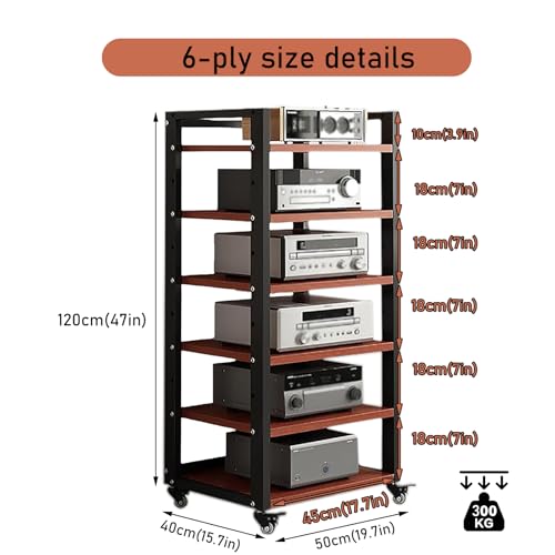 6 Tier Audio Rack Tower, CD Record Player Stereo Receiver AV Equipment Cabinet Display Rack, Weight Capacity 661 lbs, with Adjustable Wooden Shelves for Home (6 Tier Teakwood) - size: 6 Tier Teakwood