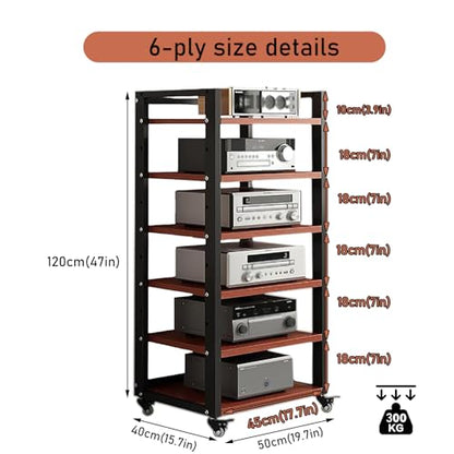 6 Tier Audio Rack Tower, CD Record Player Stereo Receiver AV Equipment Cabinet Display Rack, Weight Capacity 661 lbs, with Adjustable Wooden Shelves for Home (6 Tier Teakwood) - size: 6 Tier Teakwood