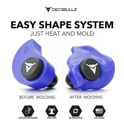 Decibullz Custom Molded Ear Plugs, 31dB NRR Shooting Ear Protection (Blue) | Reusable & Re-moldable, For Range Officers, Jobsite Crews & Musicians, Travel & Concert Use, Earplugs, American Company - color: Blue
