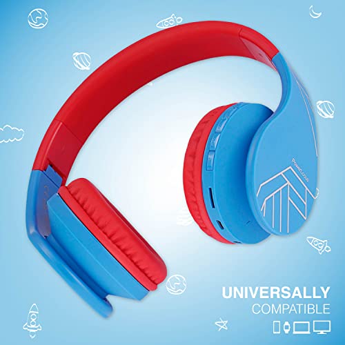 PowerLocus Bluetooth Headphones for Kids, Wireless Foldable Headphones Over Ear, Headphone with Microphone, 85DB Volume Limit, Wireless and Wired Headset with Micro SD, FM for Cellphones, Tablets, PC - color: Blue/Red