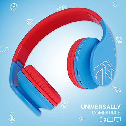 PowerLocus Bluetooth Headphones for Kids, Wireless Foldable Headphones Over Ear, Headphone with Microphone, 85DB Volume Limit, Wireless and Wired Headset with Micro SD, FM for Cellphones, Tablets, PC - color: Blue/Red