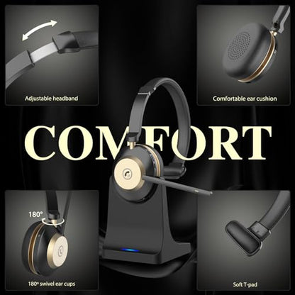 Earbay Wireless Headset with Mic, Trucker Bluetooth Headset with Microphone Noise Canceling, Wireless Headphones with Mic Mute, USB Dongle, Charging Base, 45H Battery, for PC Laptop Phone Teams Zoom