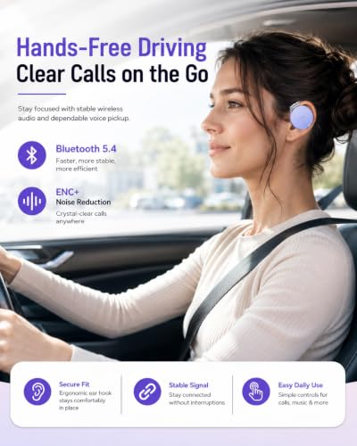 On Ear Headphones Bluetooth 5.4, Noise Cancelling Open Ear Headphones Wireless, Water-Drop Shaped Clip On Sport Headset Bluetooth with 4 Microphone, Comfort Fit Earphones with Long Battery Life - color: Light-Lavender