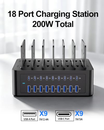 200W/40A Charging Station for Multiple Devices, 18 Port USB C Fast Charger | with Adjustable Dividers, Multi Organizer Charging Dock for Smartphone, iPad, Kindle, Tablet & More