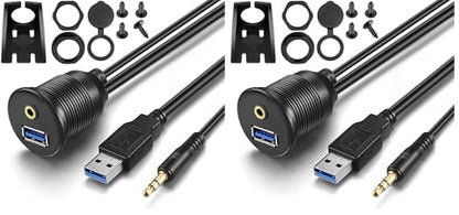 USB Flush Mount - 1M 3ft 3.5mm & USB 3.0 AUX Extension, Dash & Panel Mount Cable for Car, Boat, Motorcycle (Pack of 2) - size: 3 feet (Pack of 2)
