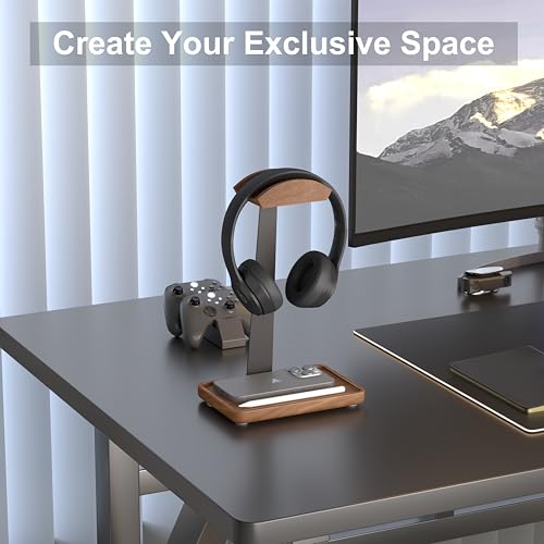 Wooden Headphone Stand, Solid Wood Desktop Organizer | Headset Holder for desk with Storage Base for AirPods Max, Sony, Bose, Razer, Sennheiser, Gaming Equipment and Accessories