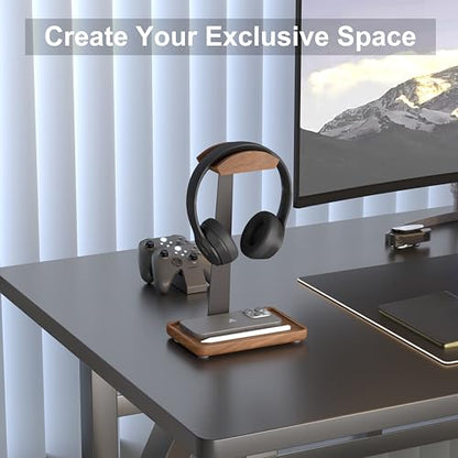 Wooden Headphone Stand, Solid Wood Desktop Organizer | Headset Holder for desk with Storage Base for AirPods Max, Sony, Bose, Razer, Sennheiser, Gaming Equipment and Accessories