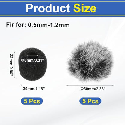 MECCANIXITY Microphone Cover Mini Furry Windscreen Foam Mic Sponge 8mm with White Black Cap for 0.5 to 1.2mm Microphone 1 Set - color: White Black, size: 8mm