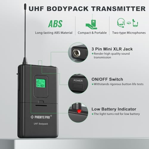 Phenyx Pro 4-Ch UHF Fixed Frequency Wireless Microphone PTU-5000-2H2B | 2 Handheld Mics, 2 Bodypacks, Headset/Lapel Mics, Metal Build, 260 ft Range, Church Services, DJ Sets