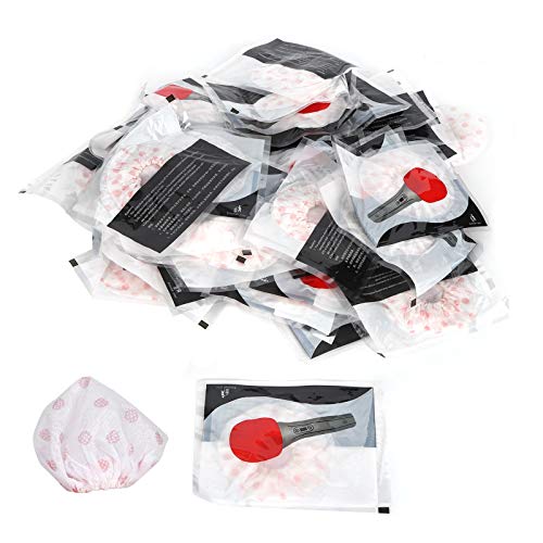 Disposable Microphone Covers 100 Pack | Non - Woven Sanitary Protection for Singing/Interviews/Stage | 50 Pairs with Elastic Band, White with Red Dot