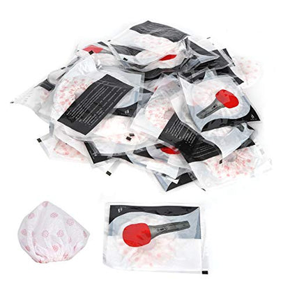 Disposable Microphone Covers 100 Pack | Non - Woven Sanitary Protection for Singing/Interviews/Stage | 50 Pairs with Elastic Band, White with Red Dot