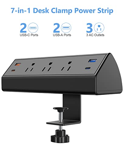 Desk Clamp Power Strip with USB C,65W Fast Charging Station for iPhone 14 Pro Max iPad MacBook Air,Power Supply for Desk Edge Mount,3 Widely Spaced Outlets Surge Protector,6ft Cord (Black)