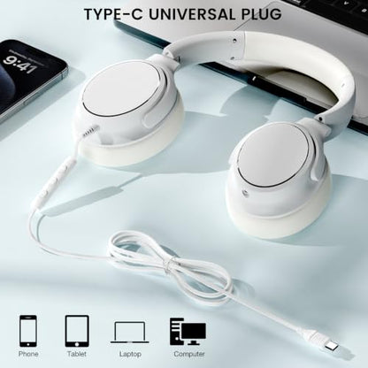 USB C Wired Over-Ear Headphones with Microphone | Volume Control, Share Port, Adjustable Headband Foldable Stereo Headset for Adult/Teens for iPhone 16, Laptop, Gaming, Travel - color: White