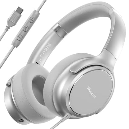 USB C Wired Over-Ear Headphones with Microphone | Volume Control, Share Port, Adjustable Headband Foldable Stereo Headset for Adult/Teens for iPhone 16, Laptop, Gaming, Travel - color: New Silver