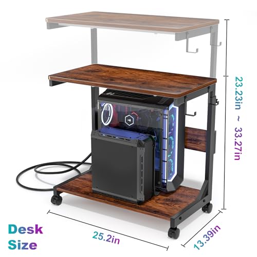 Computer Tower Stand with Charging Station for Full ATX-Case,Brown | Height Adjustable PC Stand with Wheel, CPU Holder with 2 AC Outlets + 2 USB Ports, 2-Tier Storage, Durable Metal Frame - color: Brown