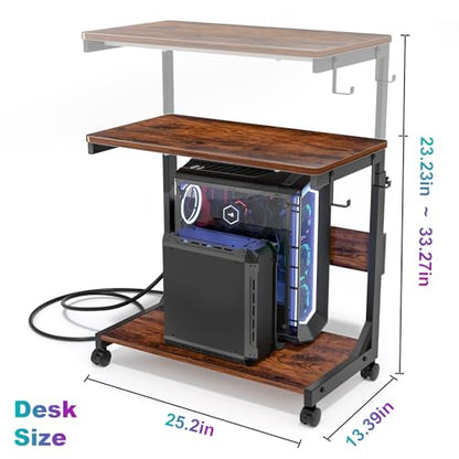 Computer Tower Stand with Charging Station for Full ATX-Case,Brown | Height Adjustable PC Stand with Wheel, CPU Holder with 2 AC Outlets + 2 USB Ports, 2-Tier Storage, Durable Metal Frame - color: Brown