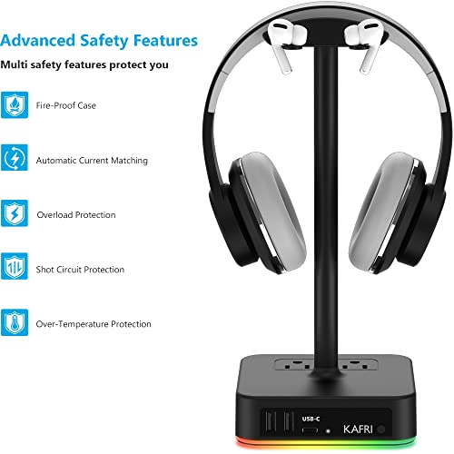 KAFRI RGB Headphone Stand with USB A&C Charger Desk Gaming Headset Holder Hanger Rack with 3 USB Charging Port and 2 Outlet - Suitable for Gamer Desktop Table Game Earphone Accessories Boyfriend Gifts - color: A-ONE STAND