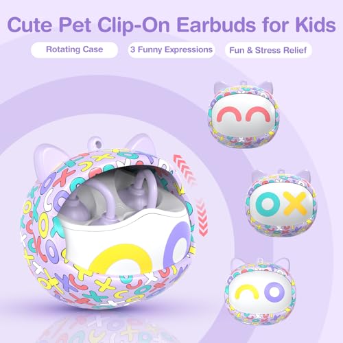 QearFun Kids Cat Open Ear Earbuds with Rotatable Case, 85dB Safe Volume | Kid Clip On Earbuds with Mic, Wireless Bluetooth Headphones, 30+H Playtime, Waterpoof, Anti-Lost Lanyard, Travel School Gift - color: Purple Earbuds