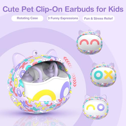 QearFun Kids Cat Open Ear Earbuds with Rotatable Case, 85dB Safe Volume | Kid Clip On Earbuds with Mic, Wireless Bluetooth Headphones, 30+H Playtime, Waterpoof, Anti-Lost Lanyard, Travel School Gift - color: Purple Earbuds