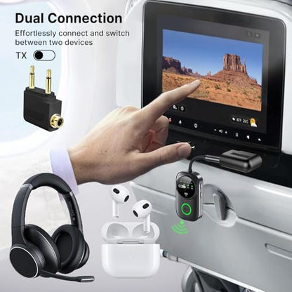 Bluetooth 5.4 Transmitter Receiver for 2 AirPods/Headphones, 2-in-1 Wireless Adapter with Microphone, Audio Adapter with 3.5mm Audio Jack, Suitable for Airplane, Car, TV, PC, Home Stereo - color: Black
