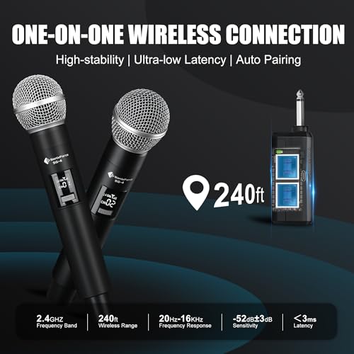 Wireless Microphone for Singing, Karaoke Microphone for Speaker | Dual Handheld Mics with Receiver, 240ft Wireless Range, Plug-and-Play, 8hr Battery Life, USB Recharge - color: Silver