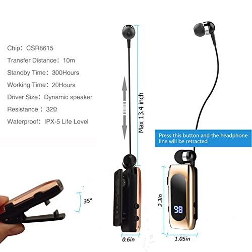 Retractable Wireless Headset Headphone Stereo Earphone V5.0 Noise Cancelling Mic Clip on Earpiece Comfortable HandsFree Headset 20Hrs Talking Time Sports Business Trucker Driver Earbud - color: Gold