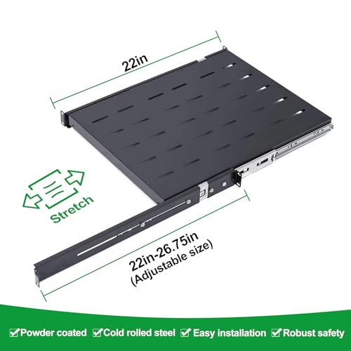 GlobalRack 1U Sliding Shelf,22-27" Adjustable, Double-Sided, Soft-Close - size: 450