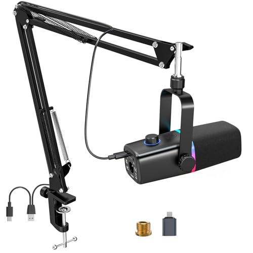 ZealSound USB/XLR Dynamic Microphone with Boom Arm, Podcast Gaming Mic for PC, Mac, iPhone, USB-C & Lightning, RGB Light, Touch Mute, Gain Control, Headphone Monitoring for YouTube TikTok Streaming