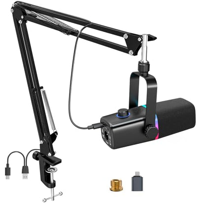 ZealSound USB/XLR Dynamic Microphone with Boom Arm, Podcast Gaming Mic for PC, Mac, iPhone, USB-C & Lightning, RGB Light, Touch Mute, Gain Control, Headphone Monitoring for YouTube TikTok Streaming