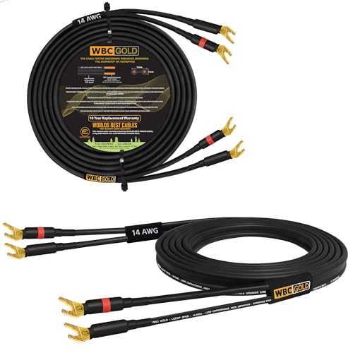 WORLDS BEST CABLES 6 Foot WBC-GOLD-LOCAP-SPKR-14 AWG - Low-Capacitance - Low-Inductance - High Purity OFC - Audiophile HiFi Speaker Cable Pair with Eminence Gold Spade Plugs - size: 6 FT, style: 2 Cables - Spade-Spade