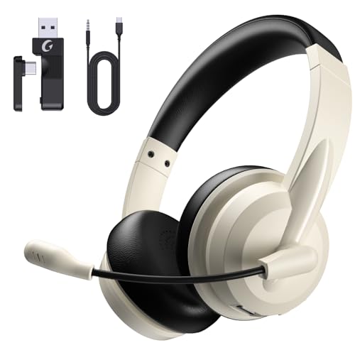 AOC Wireless Headset with Mic for Work, AI Noise Cancelling, Bluetooth | AI Noise Cancelling Mic, Bluetooth 5.3, USB-A/C Dongle Included, Mic Mute, Compatible with PC, Laptop & iPhone - color: Apricot Black