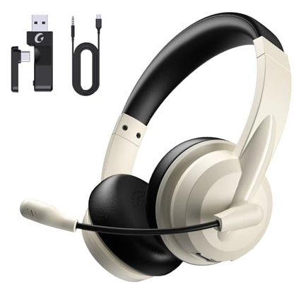 AOC Wireless Headset with Mic for Work, AI Noise Cancelling, Bluetooth | AI Noise Cancelling Mic, Bluetooth 5.3, USB-A/C Dongle Included, Mic Mute, Compatible with PC, Laptop & iPhone - color: Apricot Black