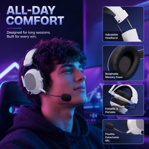 Wireless Gaming Headset for PC, PS5, PS4 and Mac, 2.4GHz Low Latency Gaming Headphones with Bluetooth 5.3, Noise Canceling Mic, RGB Light, Surround Sound, 50H Battery, Tac Master White